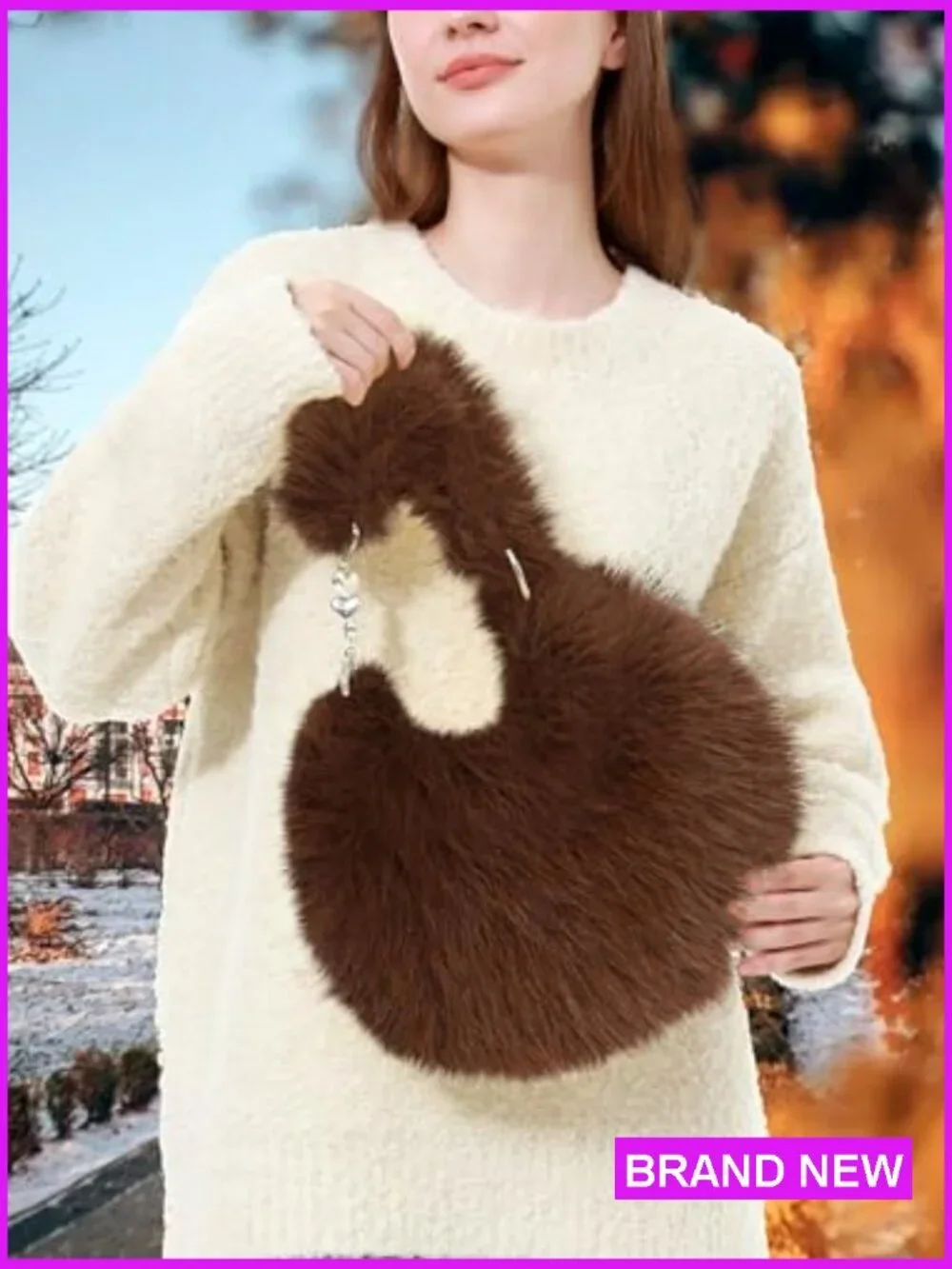 Faux Fur Plush Shoulder Bag Y2K Cute Fuzzy Purse Hobo Handbag Winter